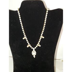 A Costume Jewelry Necklace Vintage Milk Glass Rhinestones Gold Tone Choker As-Is